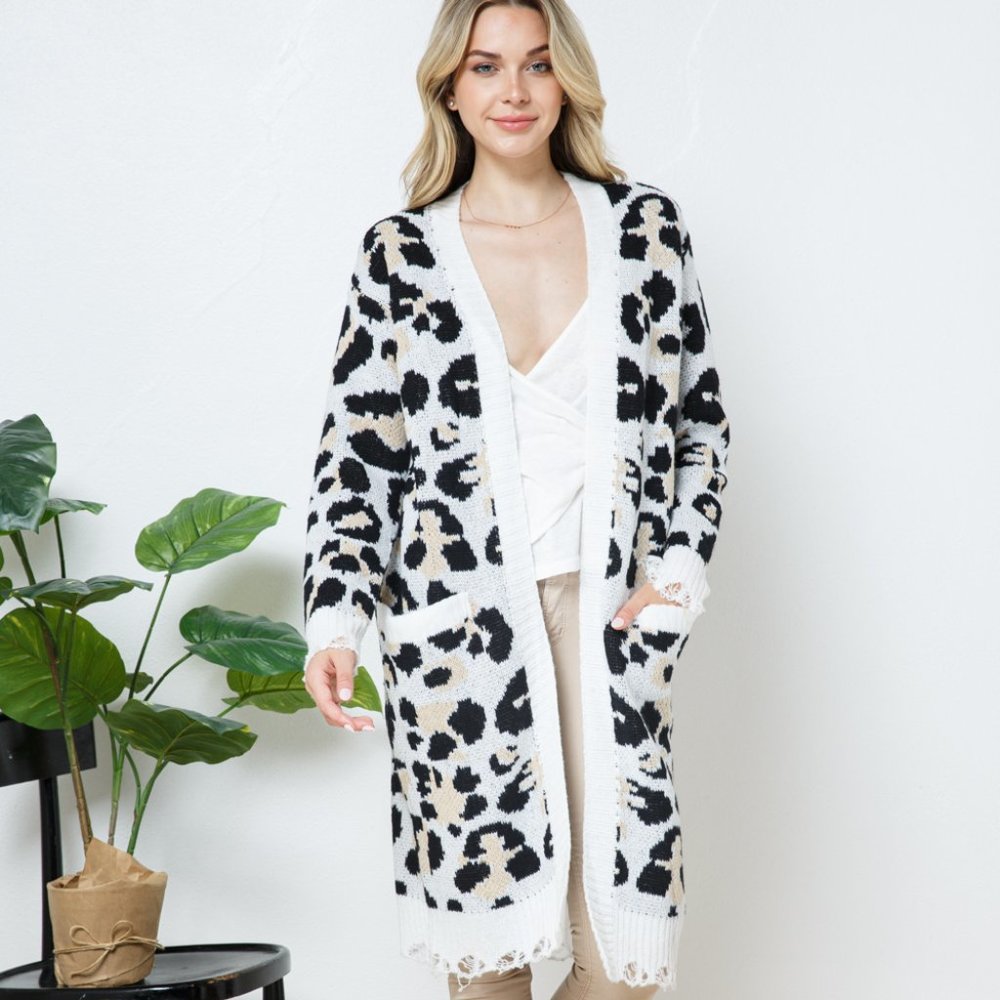 Brushed Yarn Animal Print Cardigan with Pockets and Distressed Hem Detail
